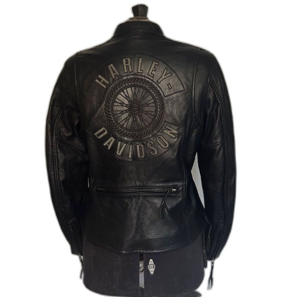 Harley Davidson Womens M Leather Riding Jacket Black Willie G Wheel Large Print